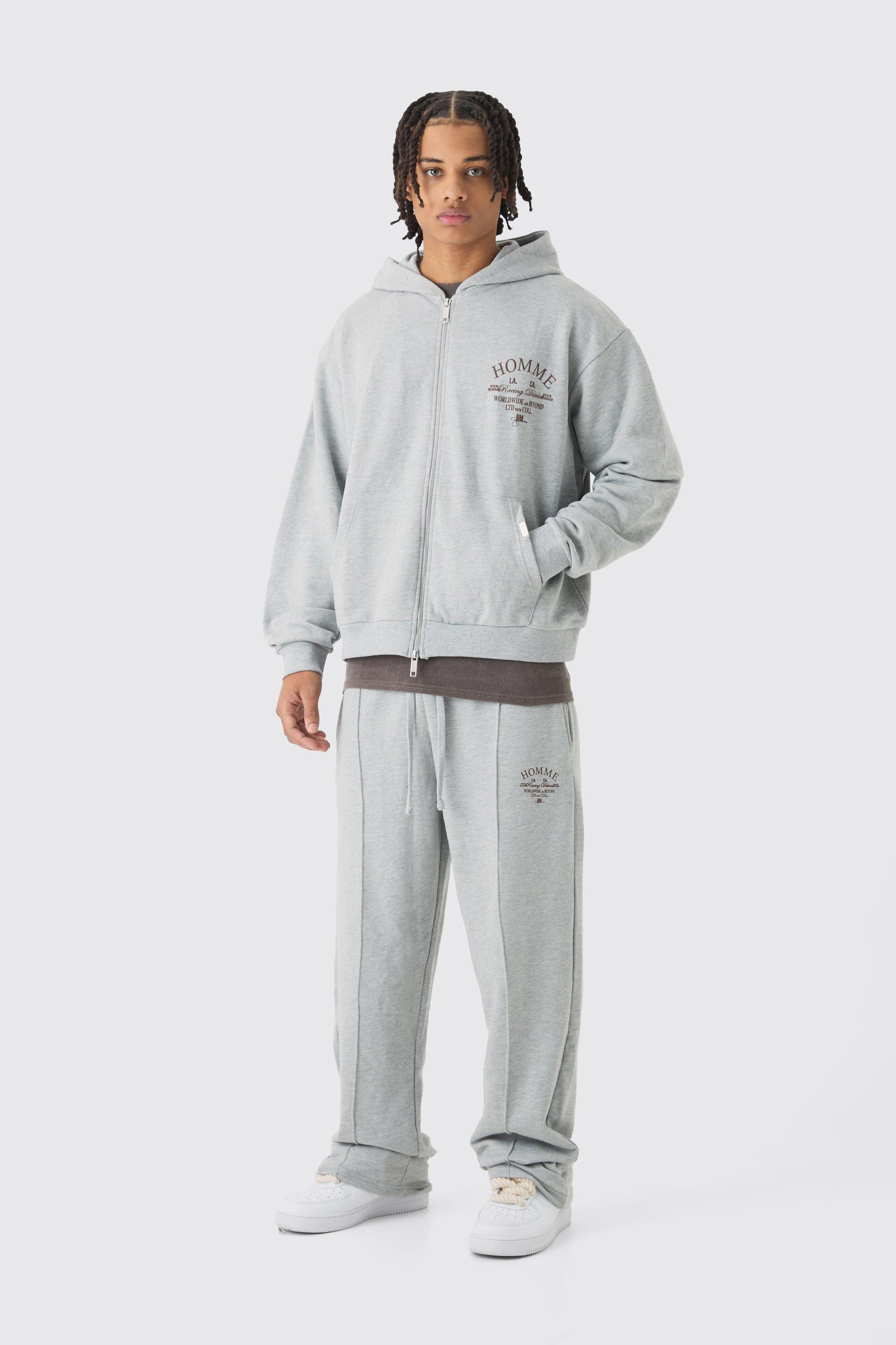 Mens Grey Oversized Boxy Heavy Hooded Zip Through Tracksuit, Grey